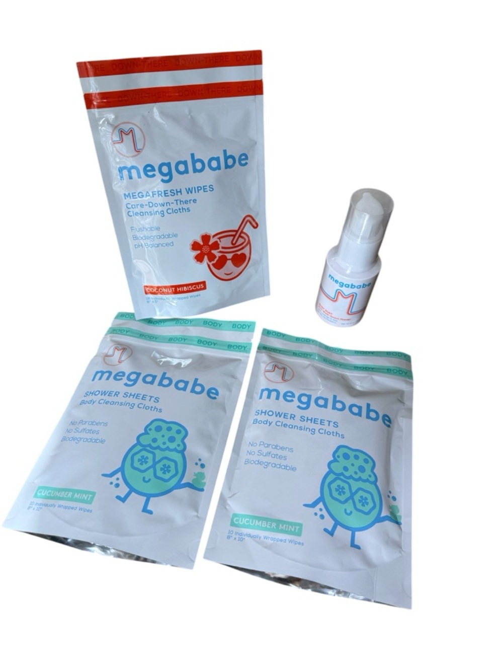 Megababe Bundle Wipes Shower Sheets Bust Dust Hygiene Kit Coconut Hibiscus Mint